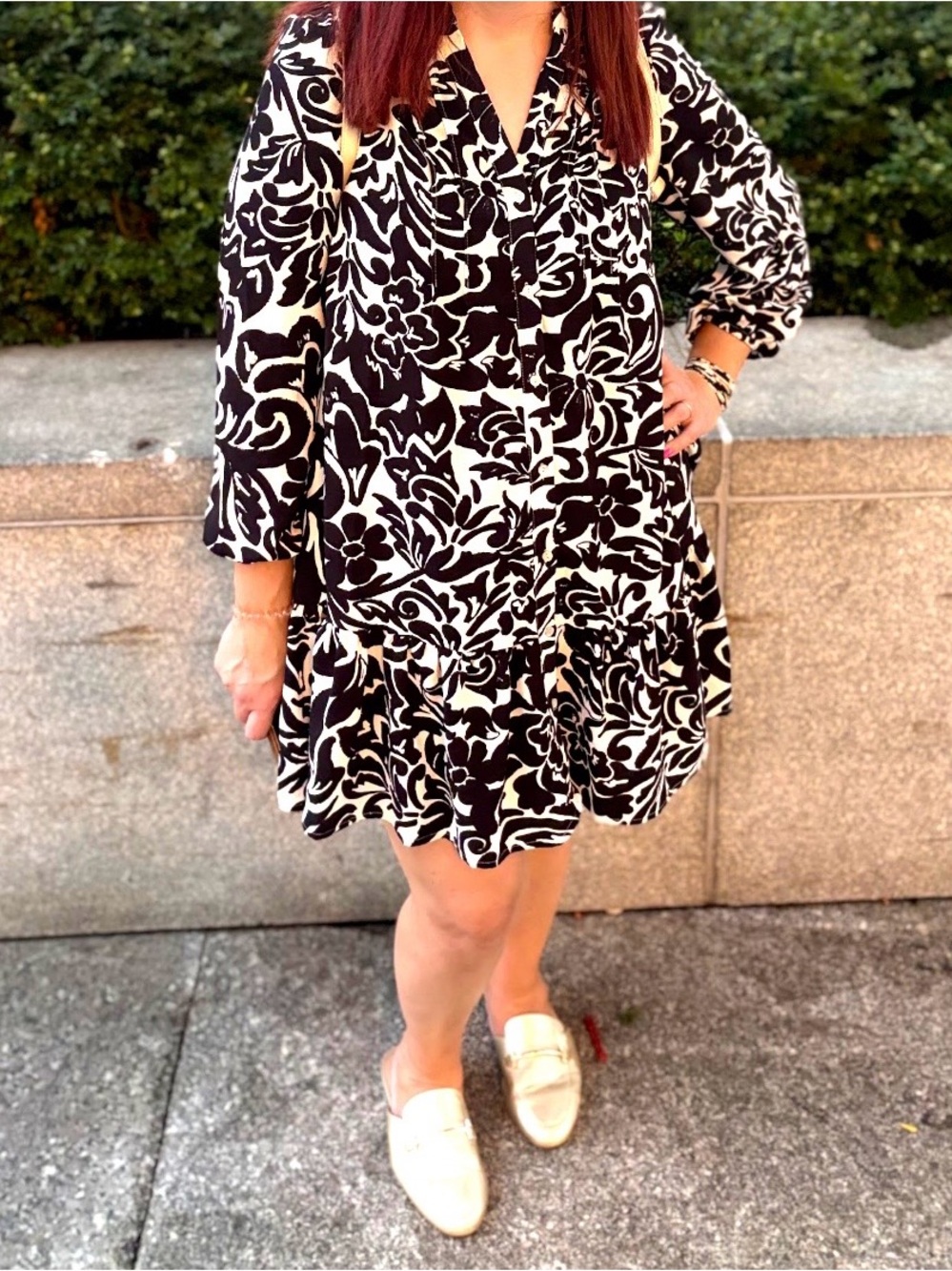 Rachel Zoe Black & White Floral Ruffled Hem Long Sleeve Dress - XL